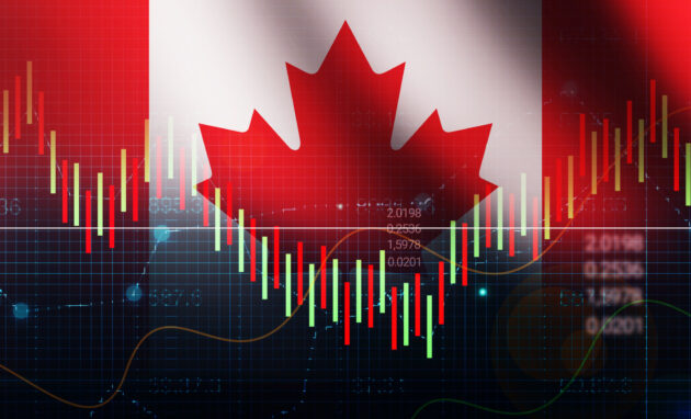 Stock market of Canada concept background with waving flag and trading charts backdrop alternate text for this image