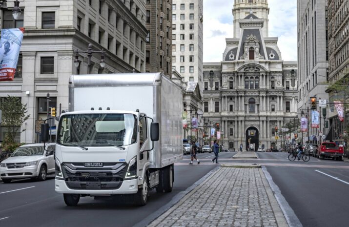 Isuzu NRR EV on roads in Philly
