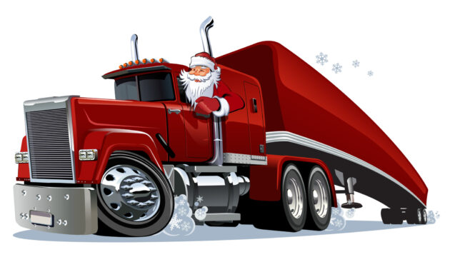 Cartoon Christmas semi truck alternate text for this image