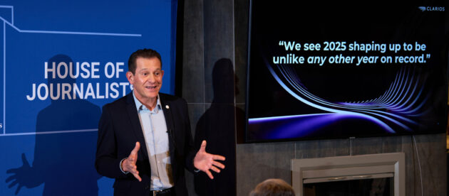 Clarios Vice President and General Manager Global OEM Customers, Products and Engineering Federico Morales Zimmermann addresses the gathering Sunday, January 5, 2025 at The House of Journalists in Las Vegas, Nevada. (Photo by Steve Fecht)