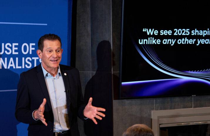 Clarios Vice President and General Manager Global OEM Customers, Products and Engineering Federico Morales Zimmermann addresses the gathering Sunday, January 5, 2025 at The House of Journalists in Las Vegas, Nevada. (Photo by Steve Fecht)