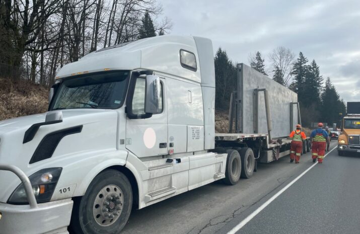 Picture of truck that struck overpass on Highway 1 near Glover Road, Langley.