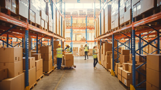Retail Warehouse full of Shelves with Goods in Cardboard Boxes, Workers Scan and Sort Packages, Move Inventory with Pallet Trucks and Forklifts. Product Distribution Delivery Center. alternate text for this image