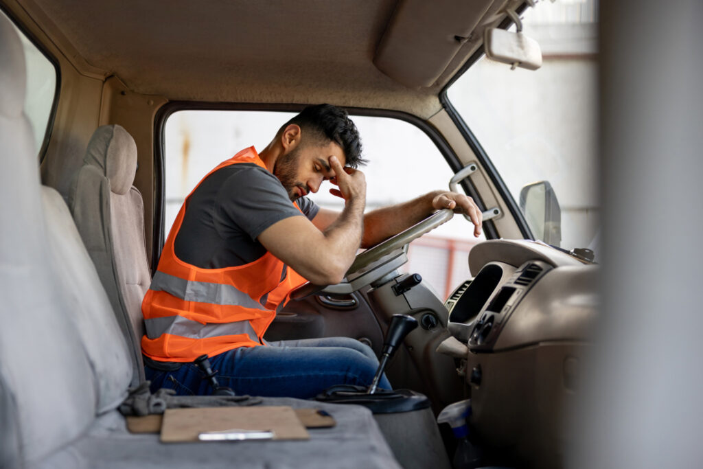 Picture of a sad truck driver with a headache