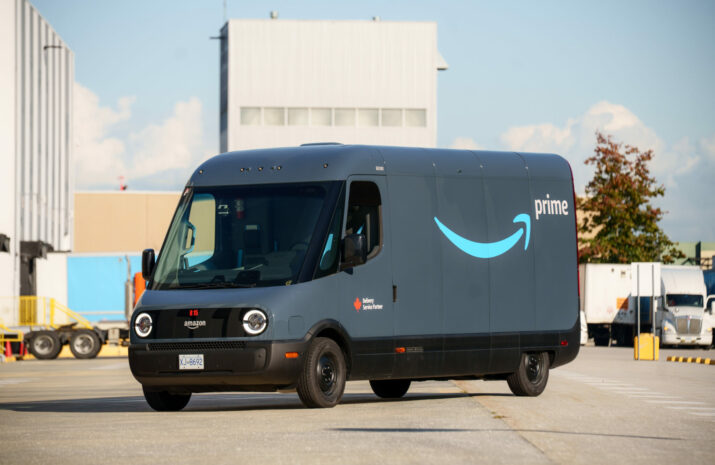 Amazon Rivan electric delivery van in the yard