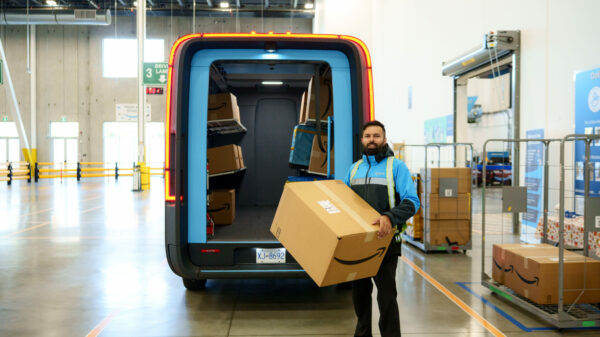 Amazon Rivan electric delivery van on a loading dock