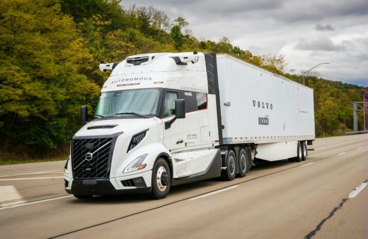 Waabi and Volvo-branded truck on a highway