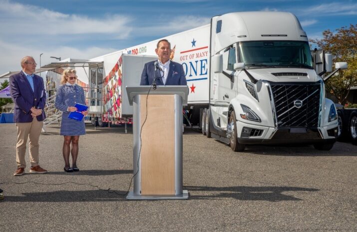 Pictured left to right are U.S. Rep. Morgan Griffith, Cheryl Wilson, executive director for the Virginia American Revolution 250 Commission and Peter Voorhoeve, Volvo Trucks North America president.