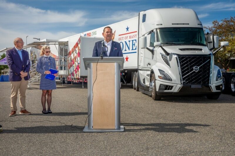 Pictured left to right are U.S. Rep. Morgan Griffith, Cheryl Wilson, executive director for the Virginia American Revolution 250 Commission and Peter Voorhoeve, Volvo Trucks North America president.