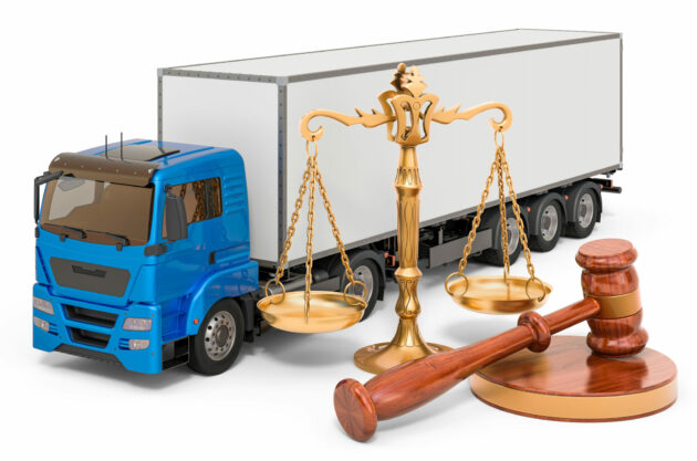Truck with wooden gavel and scales of justice. 3D rendering isolated on white background alternate text for this image
