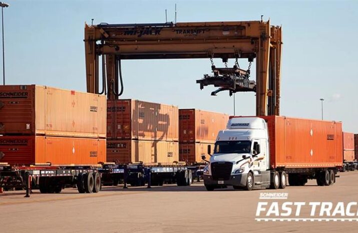 Truck in the intermodal yard, Schneider logo