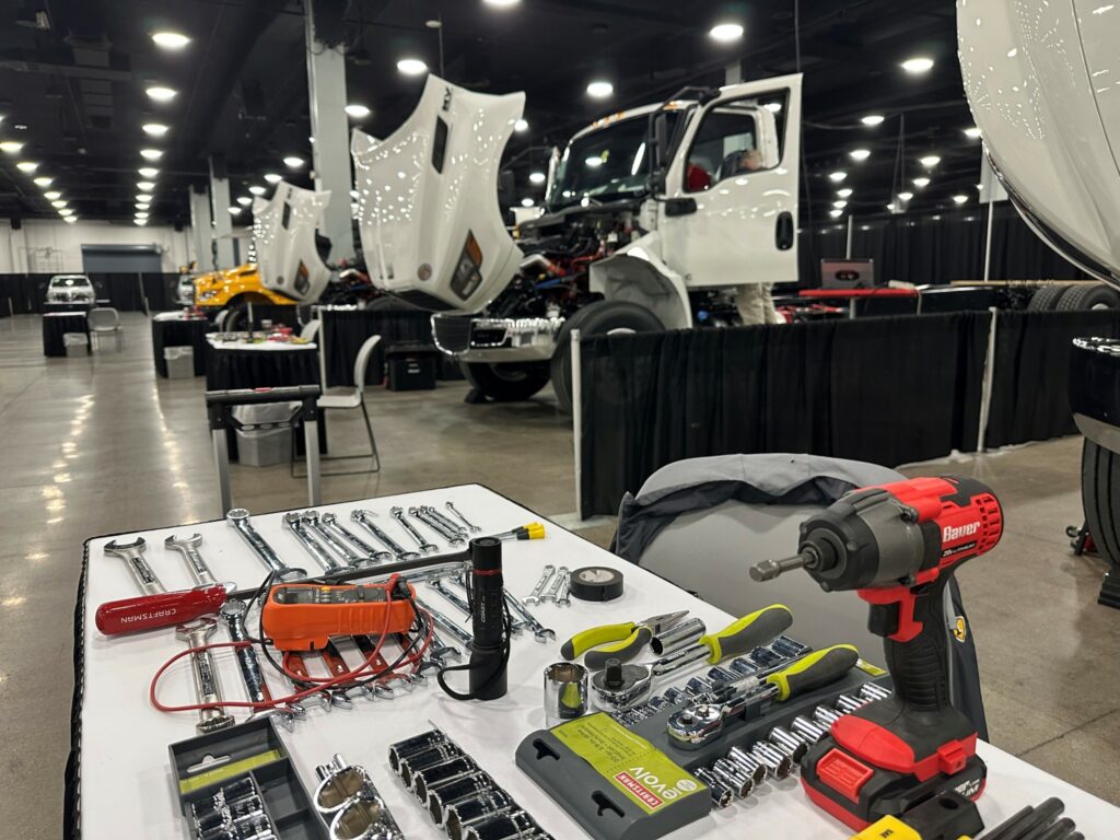 Tools on a table in a truck workshop
