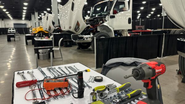 Tools on a table in a truck workshop