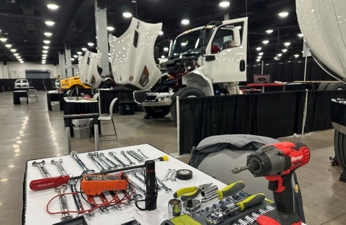 Tools on a table in a truck workshop
