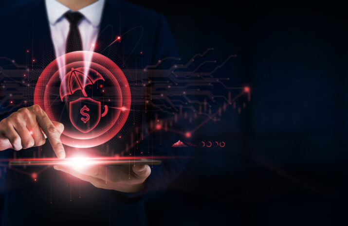 Insurance Technology, Innovation, Businessman Uses Tablet and Digital Networking Interface on InsurTech Icon on Global Platform, Connectivity.