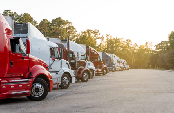 Row of semi trucks parked in lot, under a clear sky.
