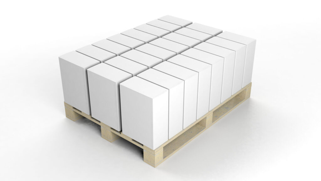 Box product mockups set on wooden pallet, isolated on white background.