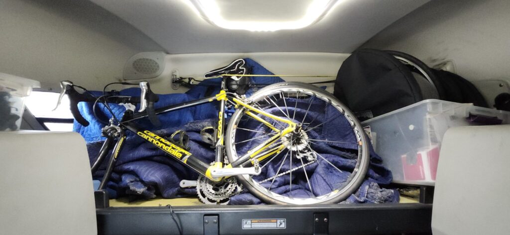 Bikes stored on a bunk in the cab