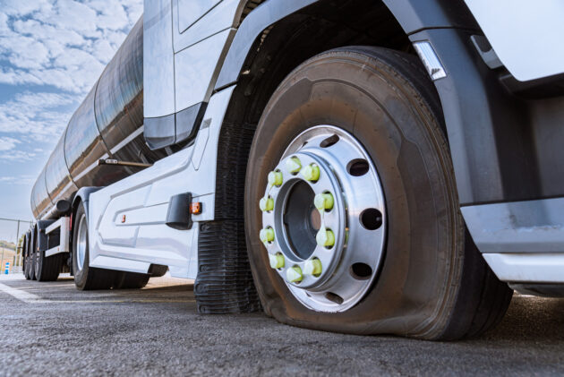 Deflated truck steering axle tire waiting for maintenance and repair alternate text for this image