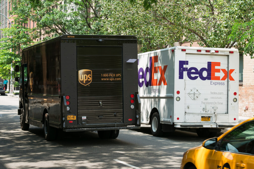 UPS and FedEx vehicles.