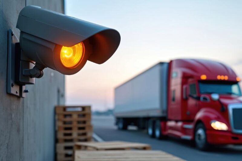 Truck in a yard with a surveillance camera