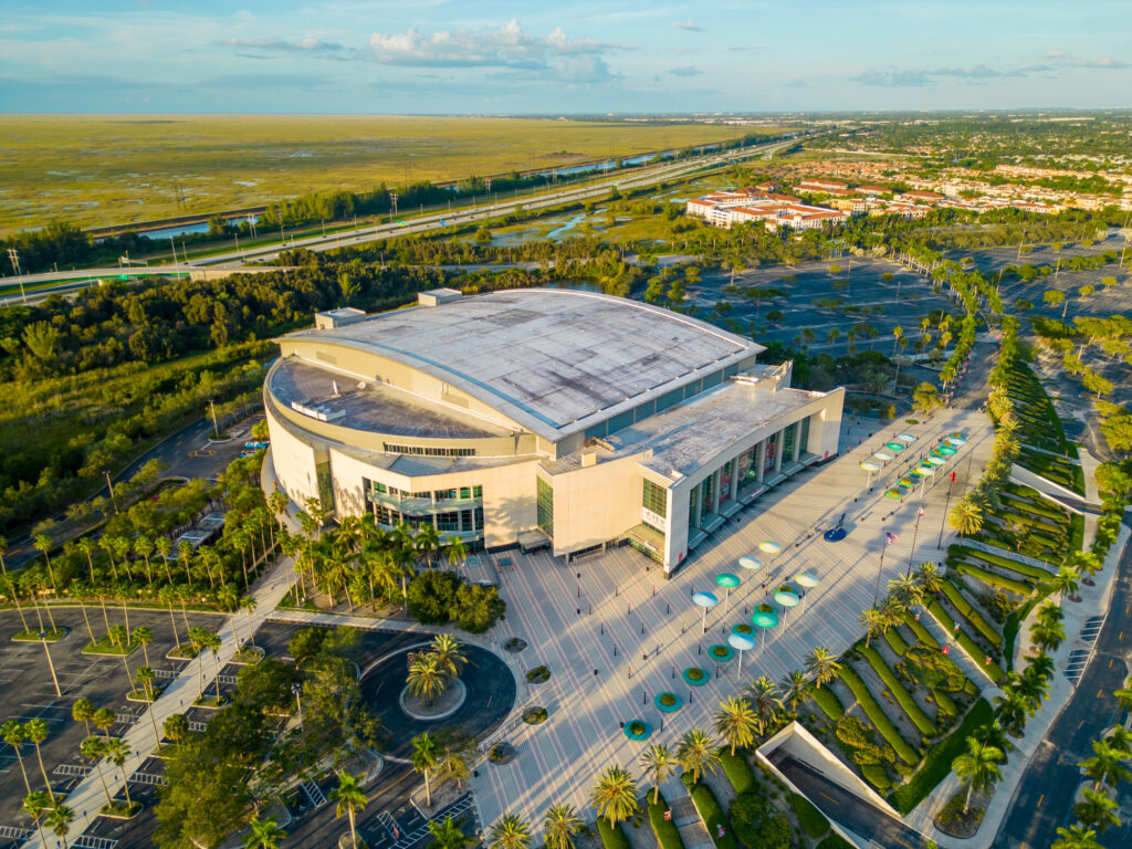 Sunrise, FL, USA - November 27, 2022: Aerial drone photo of FLA Live Arena Sunrise FL