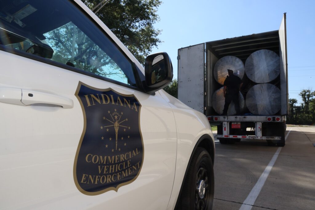 Indiana State Police Commercial Vehicle Enforcement car at inspection