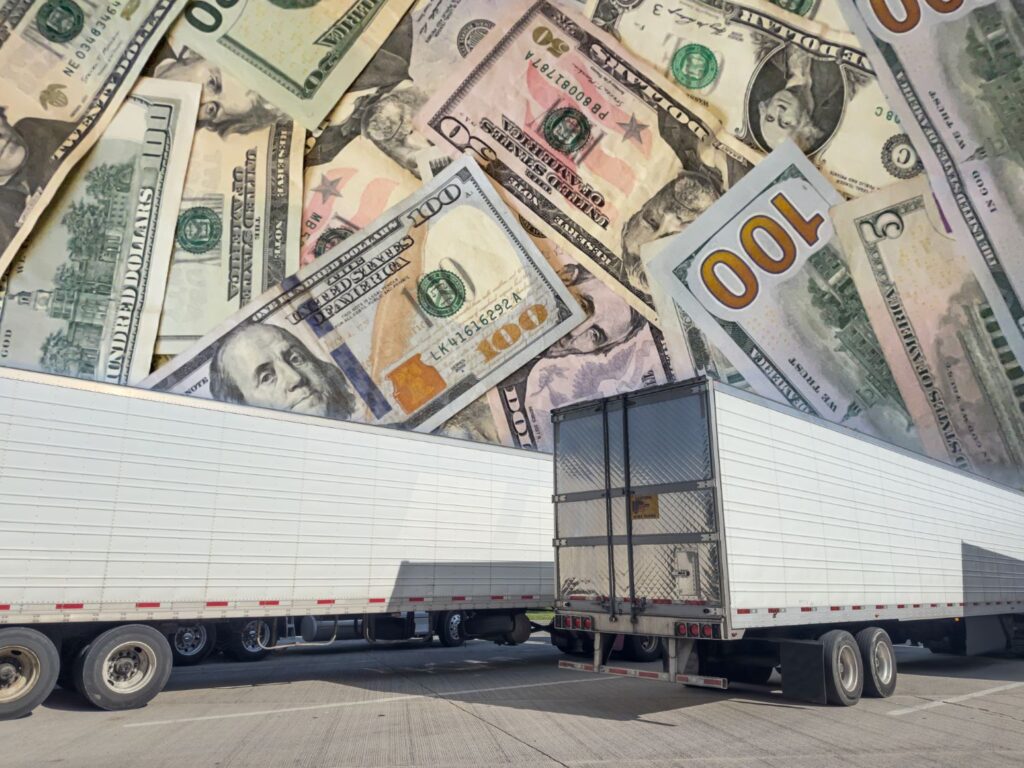truck trailers in front of US dollar bills