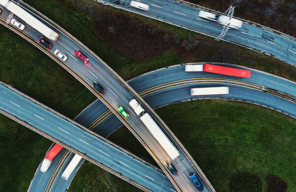 trucks at a highway interchange