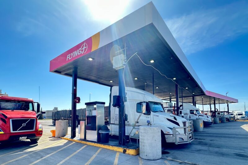 Trucks fuel up at a truck stop