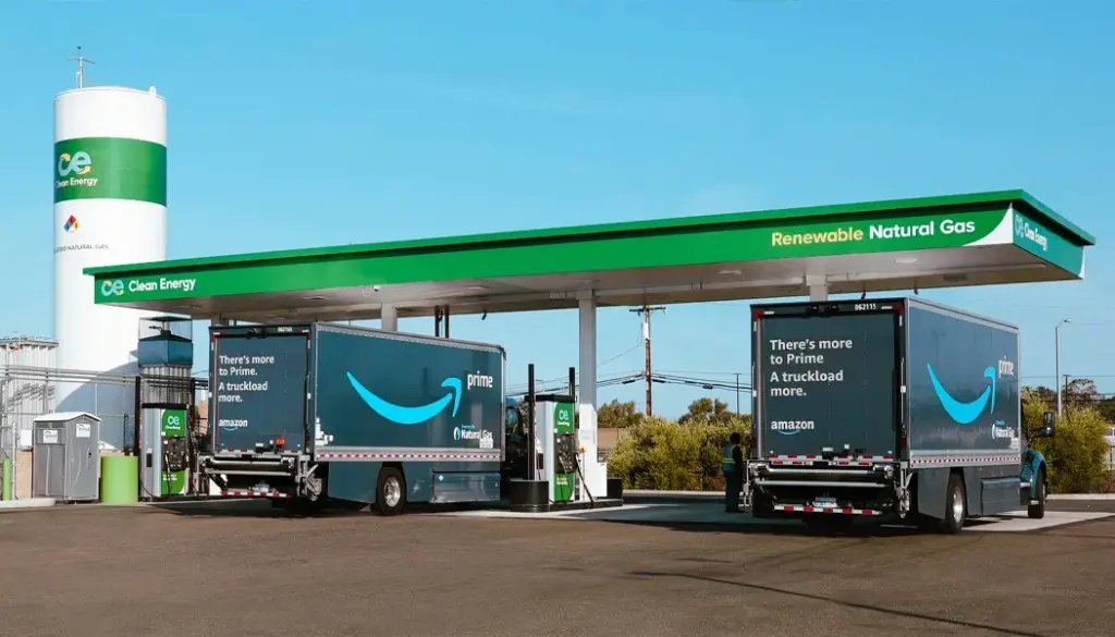 Clean Energy RNG station with two Amazon trucks