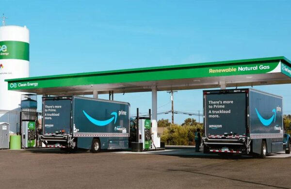 Clean Energy RNG station with two Amazon trucks
