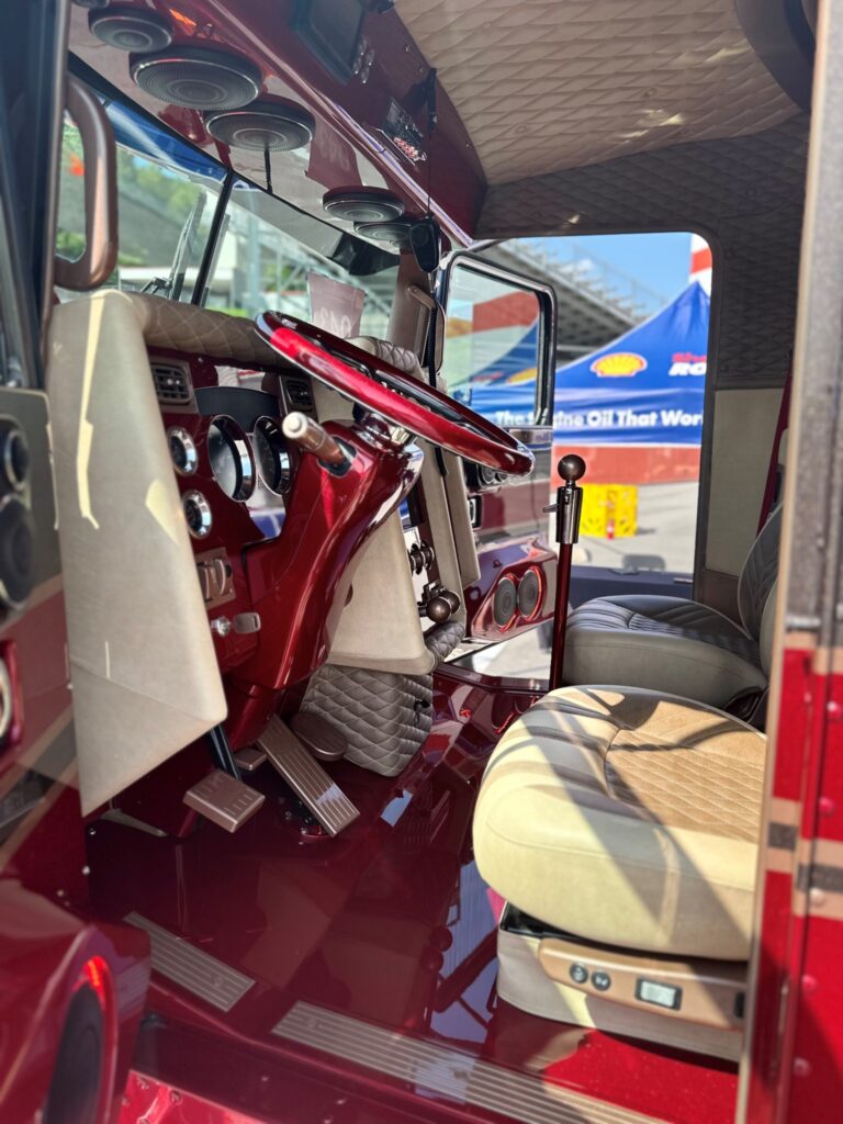 Maroon interior of a cab
