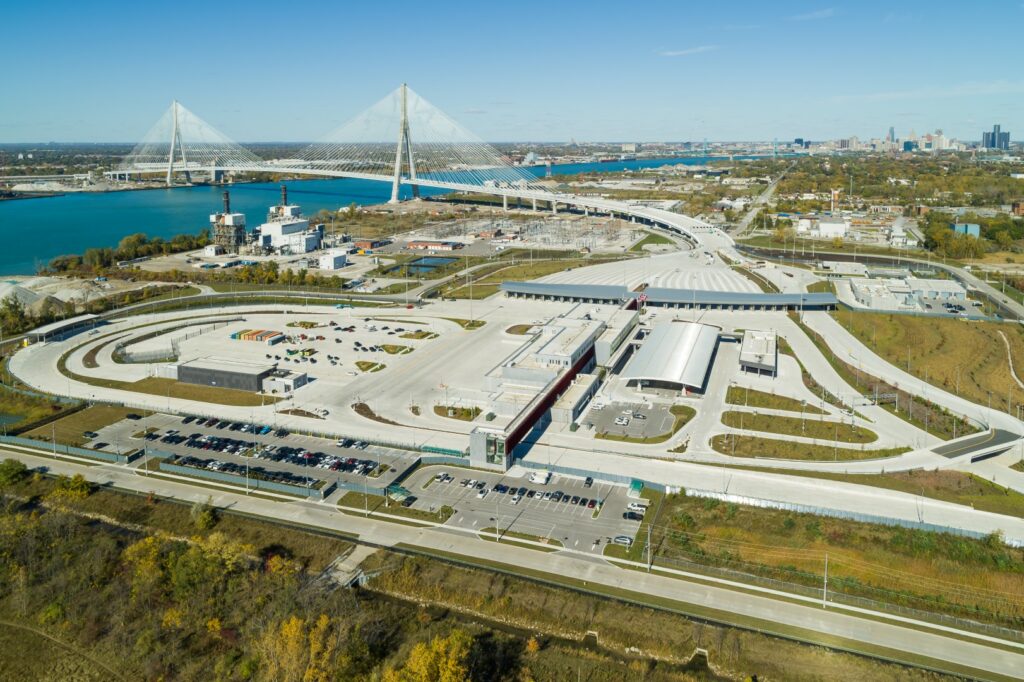 Drone shot of Canandian pointof Entry Gordie Howe International Bridge