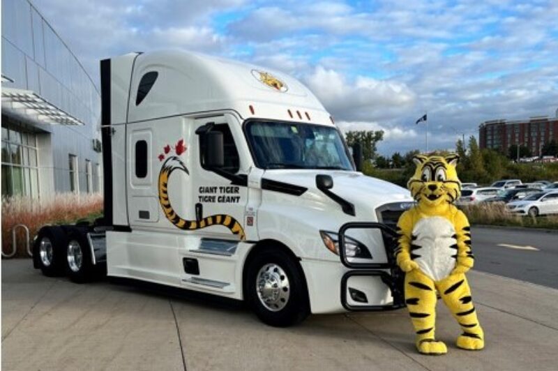 Picture of a person in a costume in front of a Giant Tiger tractor