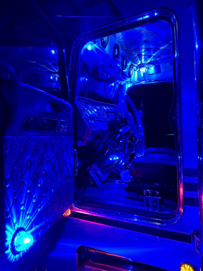 The blue interior of a cab