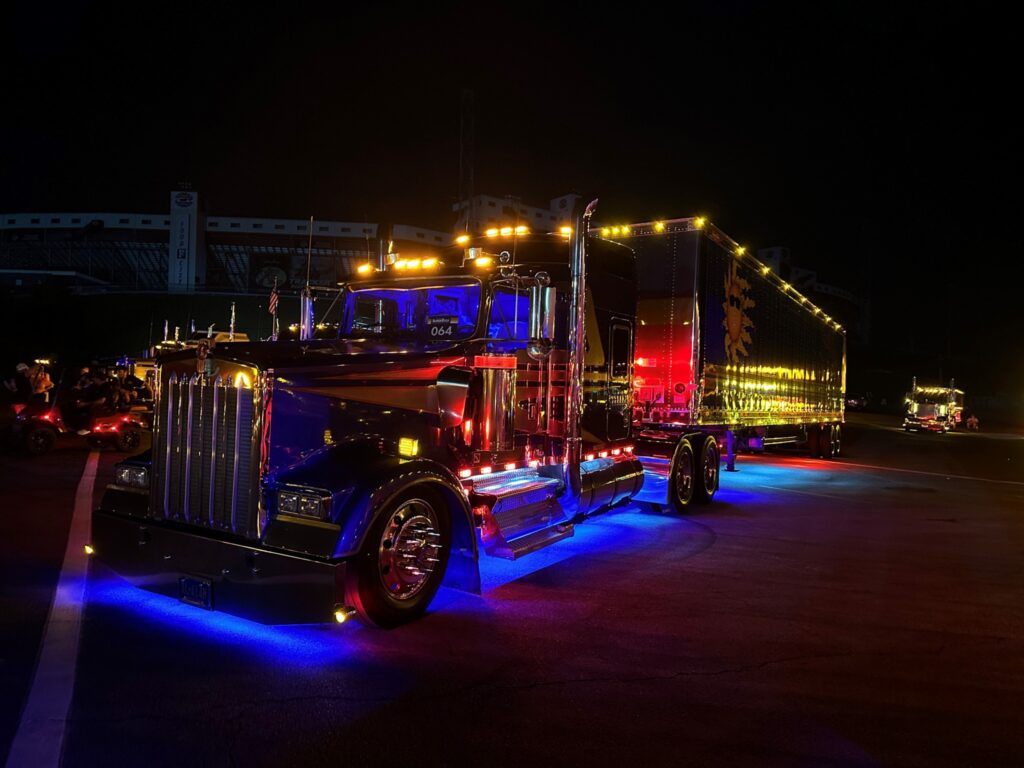 A lit up tractor trailer