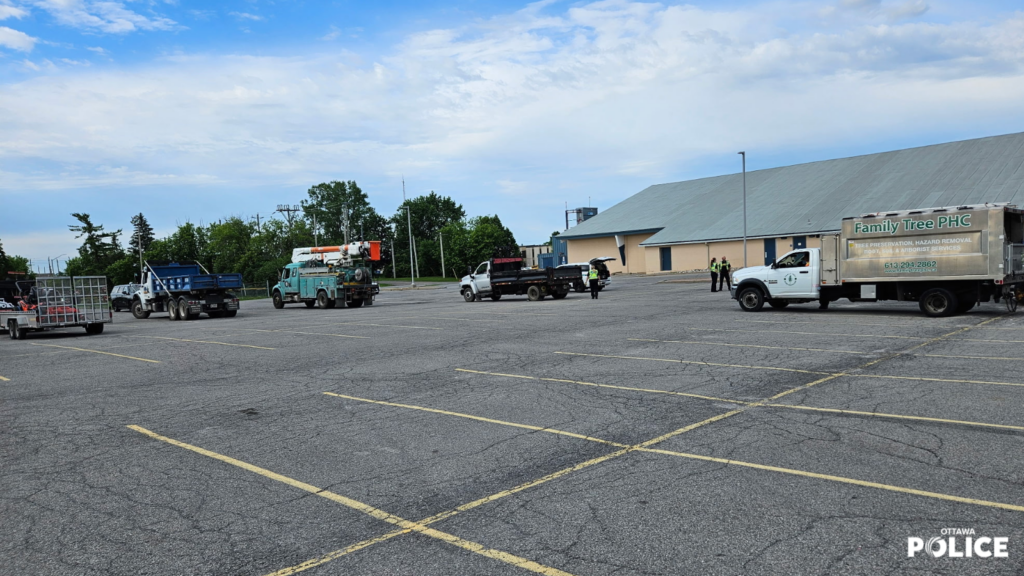 Commercial vehicles parked during inspections.