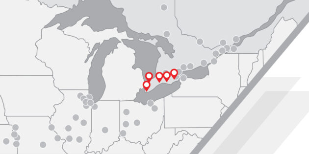 Rush Truck Centres of Canada's map of five new locations in Southwestern Ontario