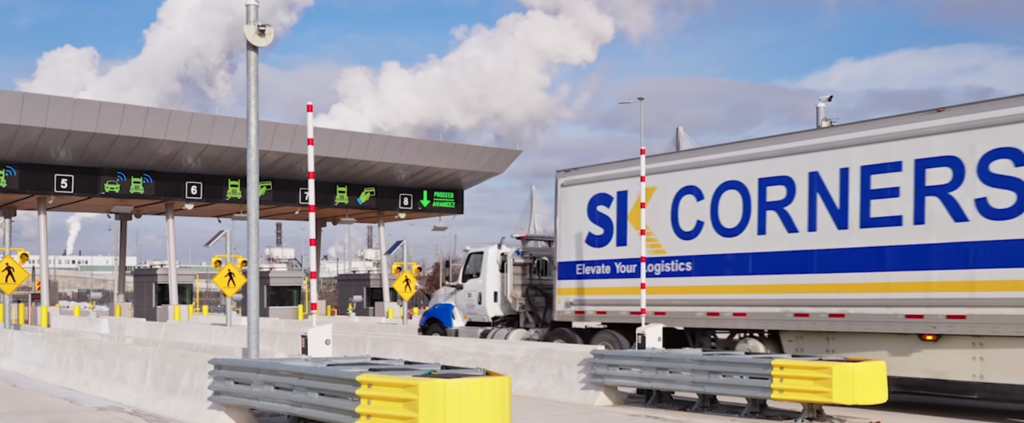 SK Cornerstone trucks and trailers on the Gordie Howe bridge, tool lanes