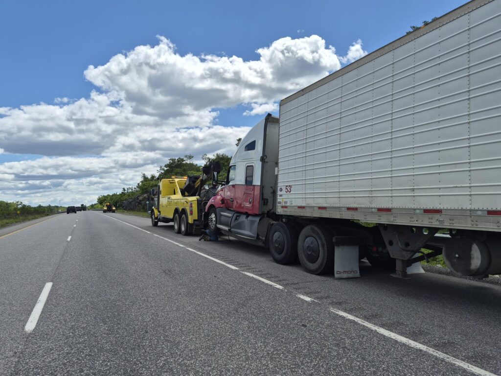 A truck being towed