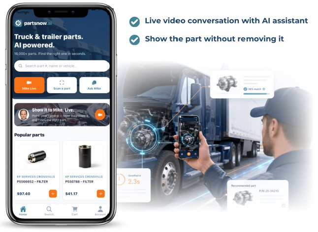PartsNow app picture and a technician with a phone