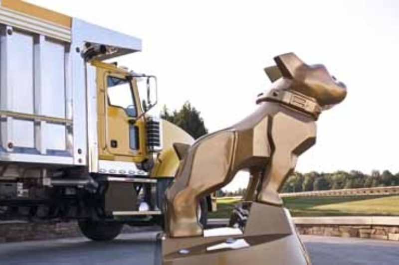 GOLDEN AGE: An eight-foot-tall gold statue of the Mack Bulldog was unveiled as part of celebrations at Mack Trucks new world headquarters Sept. 3.