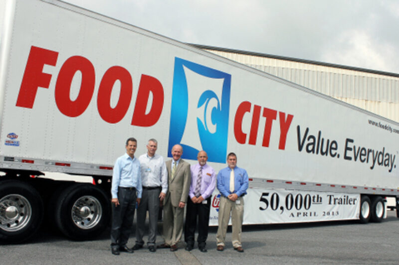 Utility Trailer is celebrating its 50,000th dry van trailer milestone at its Glade Spring manufacturing plant. The trailer was commissioned by K-VA-T Food Stores, Food City's parent company. Pictured from left to right are: Craig Bennett, senior vice-president, sales and marketing for Utility Trailer; Sam Cassell, plant manager for Utility Trailer's Glade Spring Plant; Steve Smith, president & CEO for Food City; Buddy Honaker, director of distribution for Food City; and Mike Tate, transportation manager for Food City.