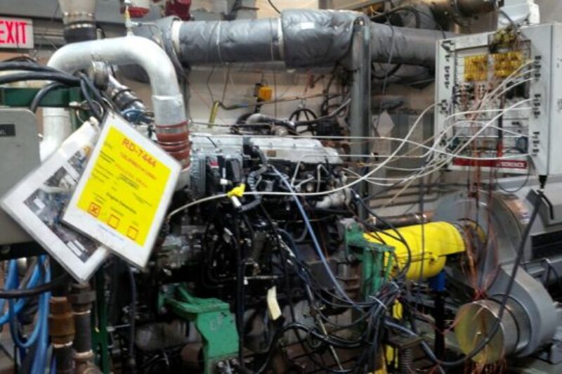 An International MaxxForce engine is put through its paces in a test cell at Navistar's revamped Melrose Park Test Center and Engine Plant.