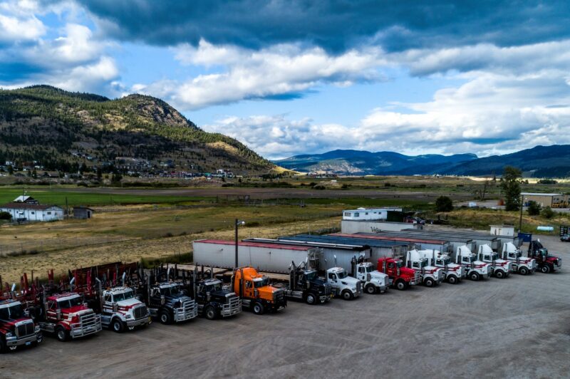 Overhead shot of B.C. log trucks