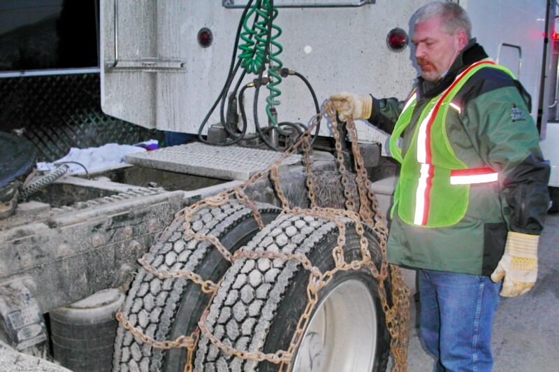 Chaining up drive tires