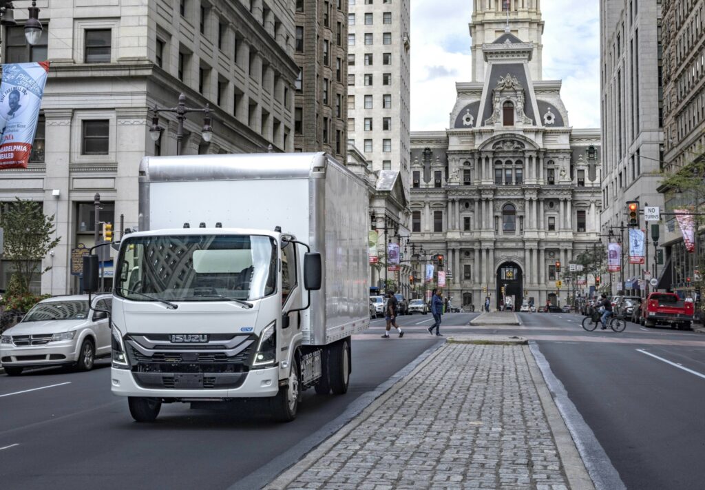 Isuzu NRR EV on roads in Philly