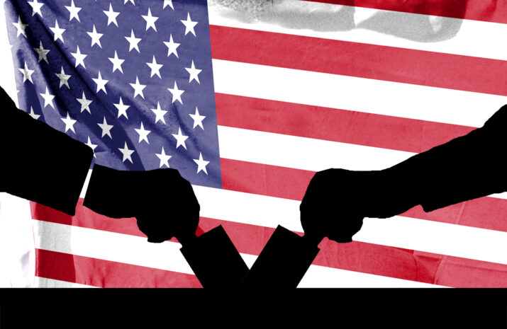 American flag and election vote silhouette composition. Describe the 2024 US election situation and results. Basemap and background concept. Double exposure hologram.