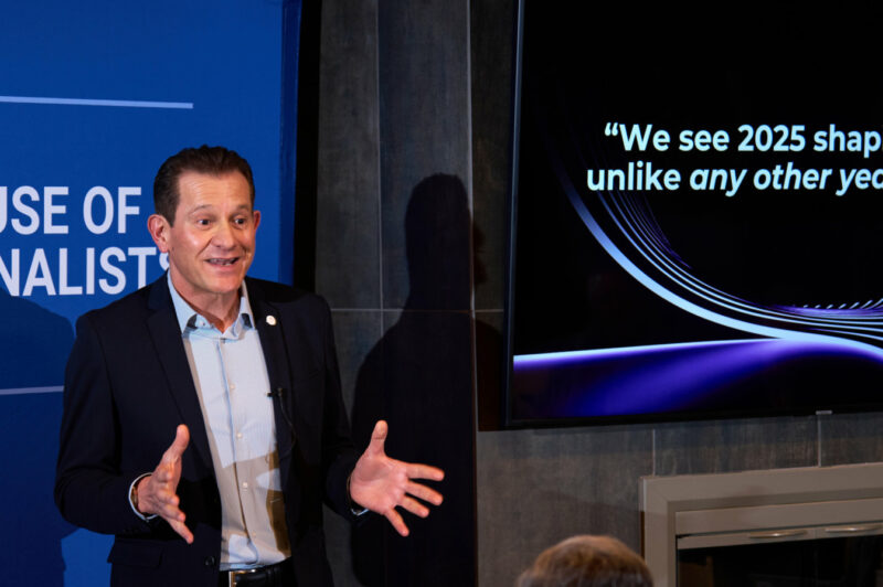 Clarios Vice President and General Manager Global OEM Customers, Products and Engineering Federico Morales Zimmermann addresses the gathering Sunday, January 5, 2025 at The House of Journalists in Las Vegas, Nevada. (Photo by Steve Fecht)